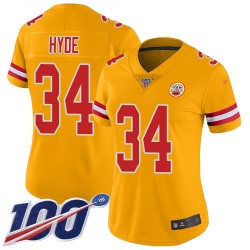 Limited Women's Carlos Hyde Gold Jersey - #34 Football Kansas City Chiefs 100th Season Inverted Legend