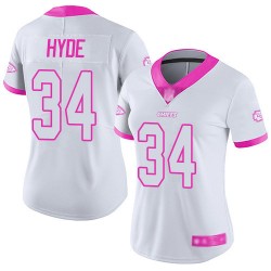 Limited Women's Carlos Hyde White/Pink Jersey - #34 Football Kansas City Chiefs Rush Fashion