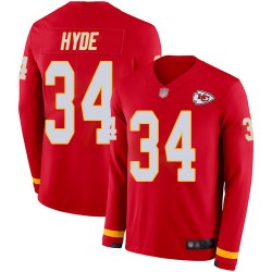 Limited Youth Carlos Hyde Red Jersey - #34 Football Kansas City Chiefs Therma Long Sleeve