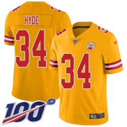 Limited Youth Carlos Hyde Gold Jersey - #34 Football Kansas City Chiefs 100th Season Inverted Legend