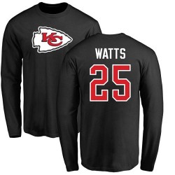 Armani Watts Black Name & Number Logo - #25 Football Kansas City Chiefs Long Sleeve T-Shirt