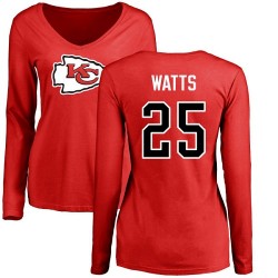 Women's Armani Watts Red Name & Number Logo Slim Fit - #25 Football Kansas City Chiefs Long Sleeve T-Shirt